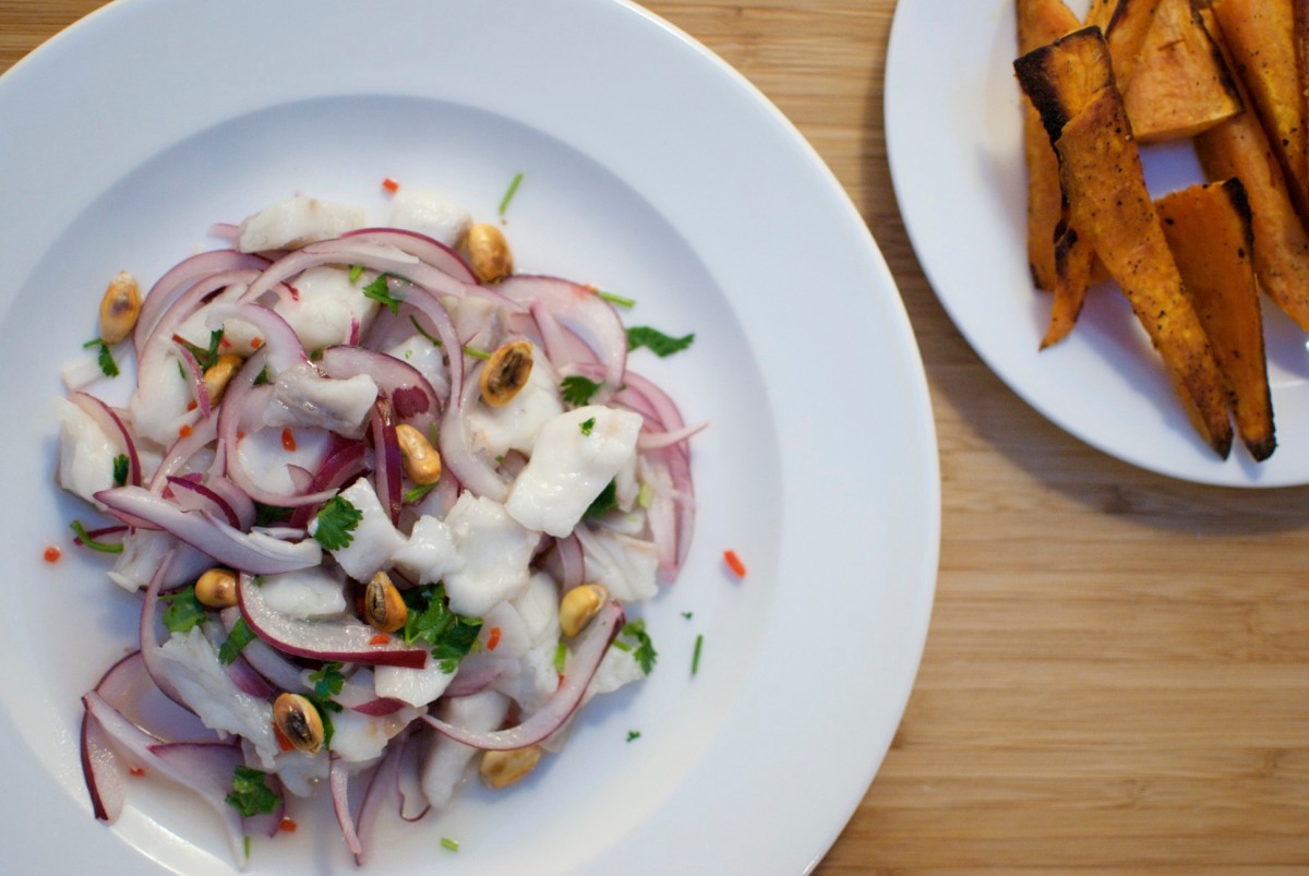 Peruvian ceviche served with sweet potato wedges